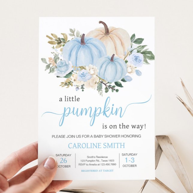 Pumpkin för Blue Fall Blommigt Inbjudningar (Fall Pumpkin Baby Shower Invitation
)