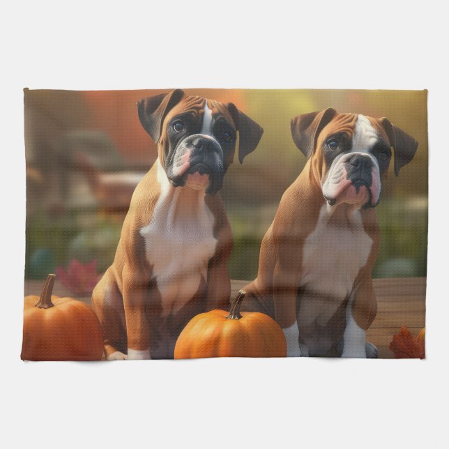 Pumpkin för Boxer Puppy Autumn Delight Pumpkin Kökshandduk (Horisontell)