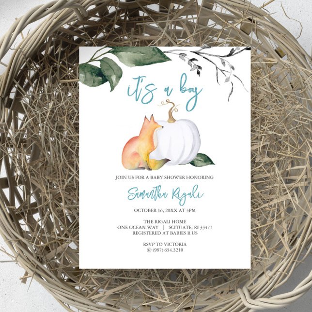 Pumpkin för pojke Shower-inbjudningar för vattenfä Inbjudningar (Autumn-themed baby shower invites boy woodland fox and white pumpkin foliage)