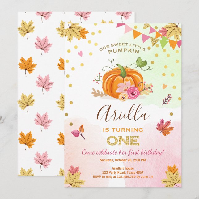 Pumpkin Första födelsedag - höstfällning Rosa Inbjudningar (Fram/baksida)