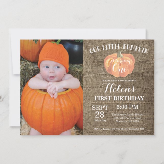 Pumpkin första födelsedagsinbjudan Burlap Inbjudningar (Framsida)