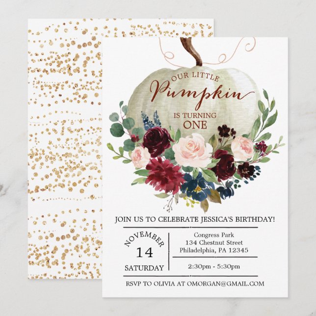 Pumpkin Första födelsedagsinbjudan - Fall födelsed Inbjudningar (Fram/baksida)