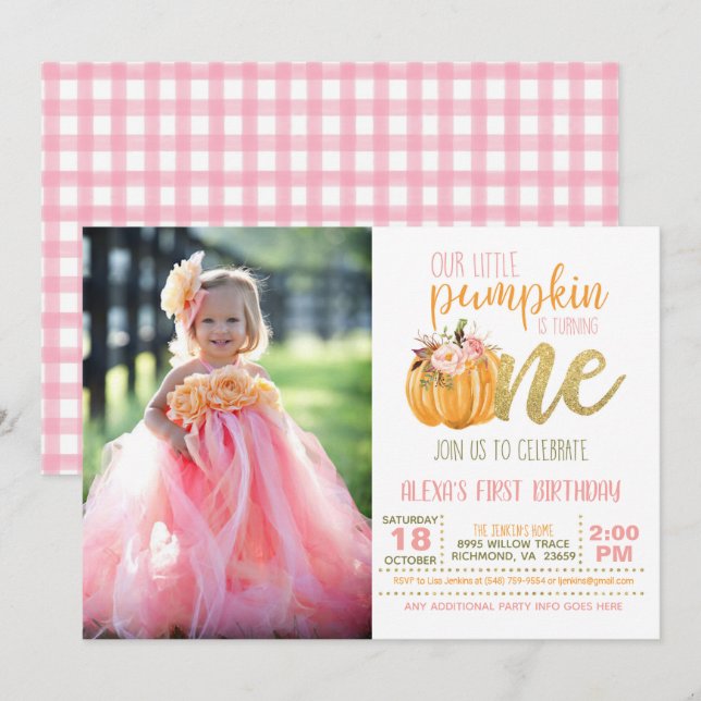 Pumpkin Första födelsedagsinbjudan till flicka w/f Inbjudningar (Fram/baksida)