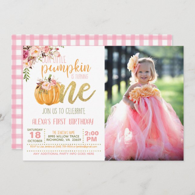 Pumpkin-foto för första födelsedagen - FLP-flicka Inbjudningar (Fram/baksida)