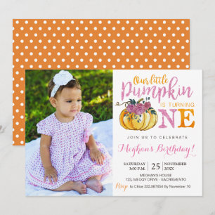 Pumpkin-fotokort för första födelsedag inbjudningar