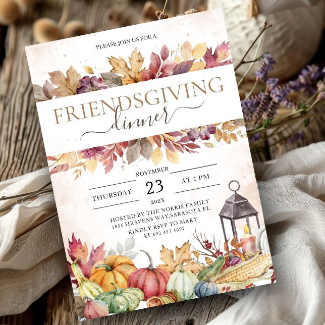 Pumpkin Friendsgiving Dinner Rustic Watercolor Inbjudningar (Skapare uppladdad)