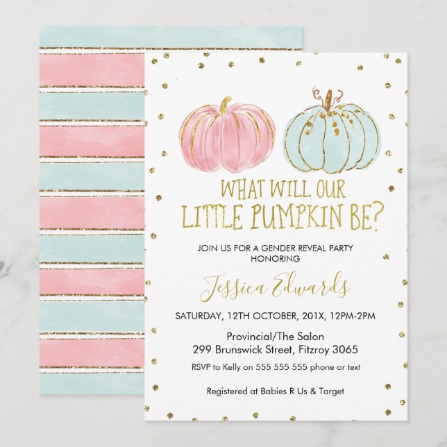Pumpkin Gender Reveal Baby Shower-inbjudan Inbjudningar (Fram/baksida)
