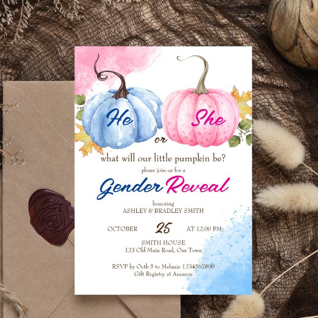 Pumpkin-genderna visar rosa och blå mall (Pumpkin fall themed gender reveal editable template invitation digital download pink  blue pumpkins)