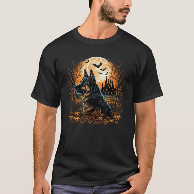 Pumpkin German Shepherd costume on German Shepherd T Shirt (Framsida)