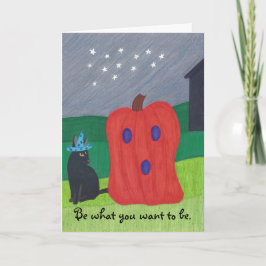 Pumpkin Ghost och Wizard Cat Halloween-kort Kort