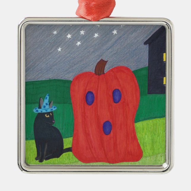 Pumpkin Ghost och Wizard Cat Halloween Ornaments Julgransprydnad Metall (Framsidan)