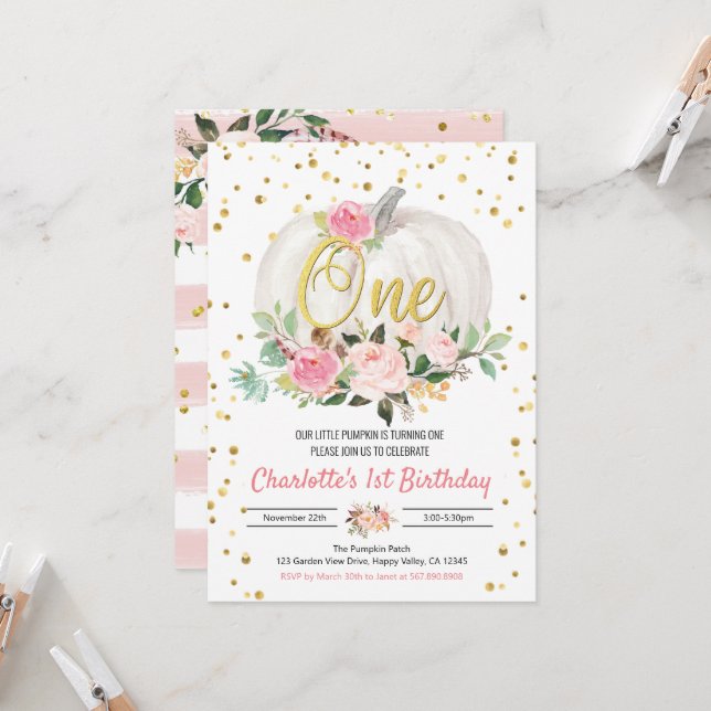 Pumpkin Girl 1:a födelsedag Party Rosa-inbjudan (Fram/Back In Situ)
