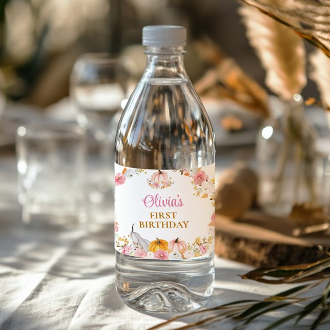 Pumpkin Girl First Birthday Vattenflaska Label Vattenflaskor Etikett (Skapare uppladdad)