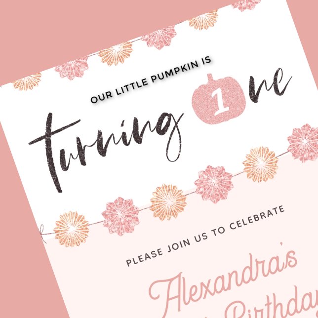 Pumpkin Girl Rosa Blommigt Halloween 1-födelsedag Inbjudningar (Halloween-1st-birthday-Invitation-Pumpkin-Girl-Pink-Floral-1)