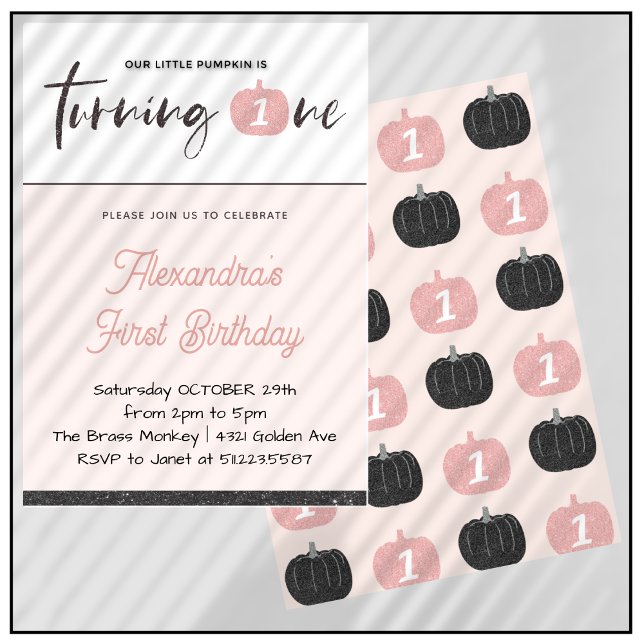 Pumpkin Girl Rosa Glitter Halloween 1-årsdagen Inbjudningar (Halloween-1st-birthday-Invitation-Pumpkin-Girl-Pink-black-Glitter-1)