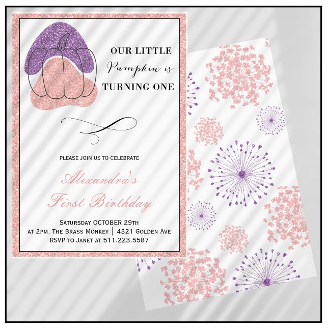 Pumpkin Girl Rosa Lila Halloween 1st Birthday Inbjudningar (Halloween-1st-Birthday-Invitation-Pumpkin-Girl-Pink-Purple-1)