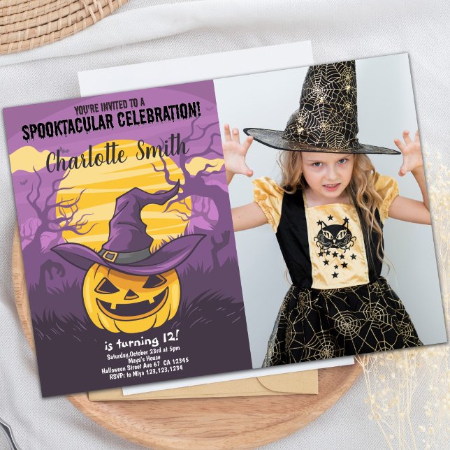 Pumpkin Halloween Birthday-inbjudningar med foto Inbjudningar (Pumpkin Halloween Birthday Invitations w photo)