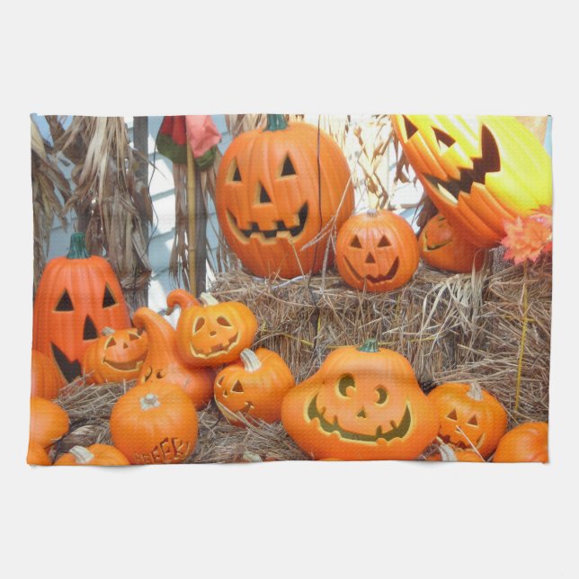 Pumpkin halloween jack o lantern orange pumpor kökshandduk (Horisontell)