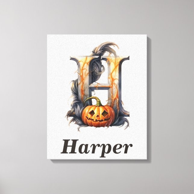 Pumpkin Halloween Namn Brev H Blommigt Monogram Canvastryck (Framsida)