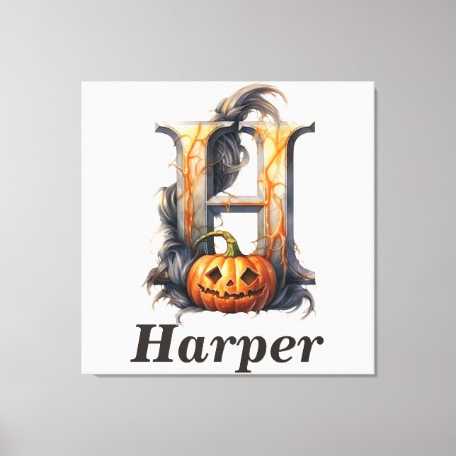 Pumpkin Halloween Namn Brev H Blommigt Monogram Canvastryck (Framsida)