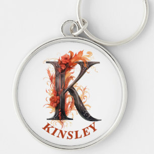 Pumpkin Halloween Namn Brev K Blommigt Monogram Rund Silverfärgad Nyckelring