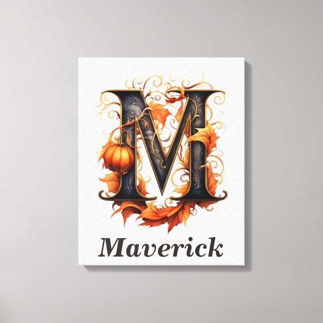 Pumpkin Halloween Namn Brev M Blommigt Monogram Canvastryck (Framsida)