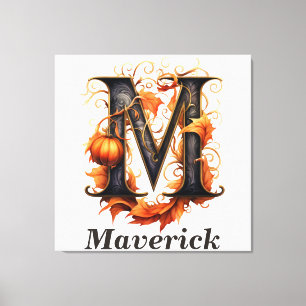 Pumpkin Halloween Namn Brev M Blommigt Monogram Canvastryck