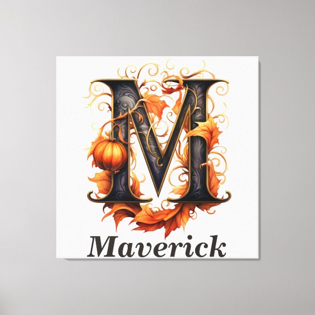 Pumpkin Halloween Namn Brev M Blommigt Monogram Canvastryck (Framsida)