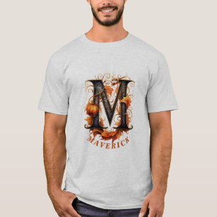 Pumpkin Halloween Namn Brev M Blommigt Monogram T Shirt