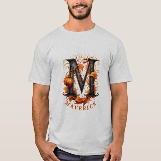 Pumpkin Halloween Namn Brev M Blommigt Monogram T Shirt (Framsida)