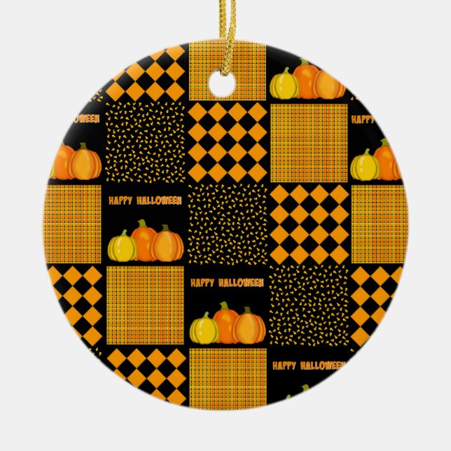 Pumpkin Halloween Patchwork Mönster Julgransprydnad Keramik (Framsidan)