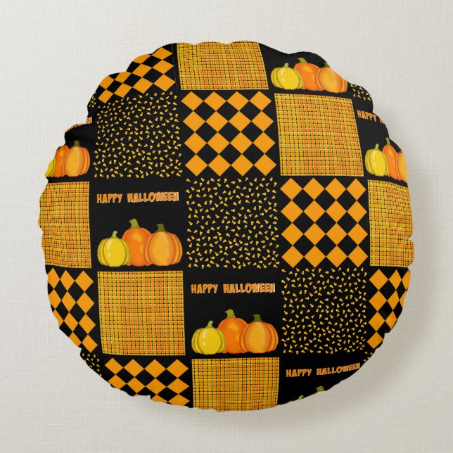 Pumpkin Halloween Patchwork Mönster Rund Kudde (Framsidan)