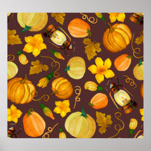 Pumpkin Harvest Autumn Watercolor Mönster Poster