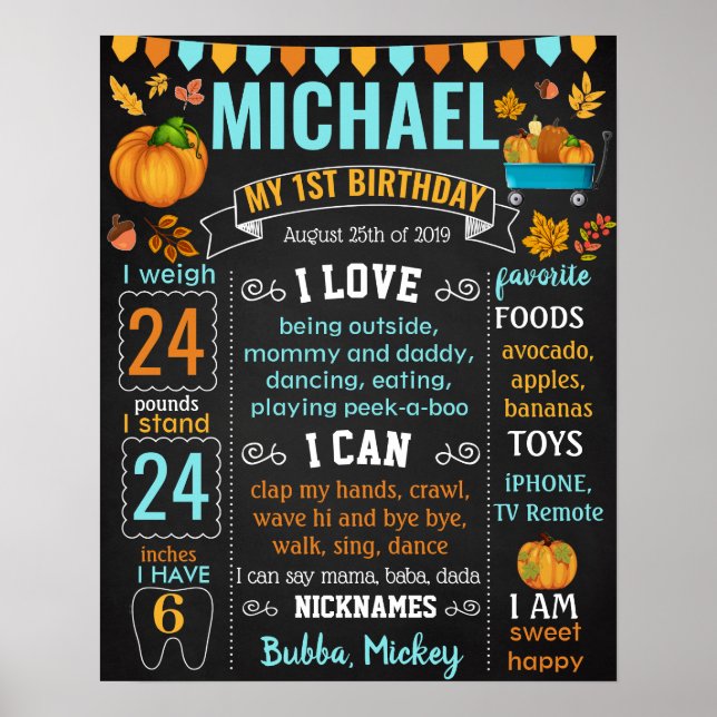 Pumpkin Harvest Blue lastbil Birthday-skylt Poster (Framsidan)