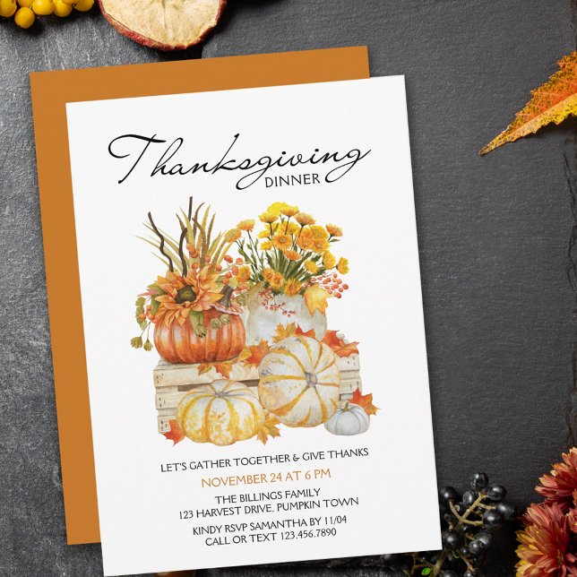 Pumpkin Harvest Fall Flowers Thanksgiving Middag Inbjudningar (Skapare uppladdad)