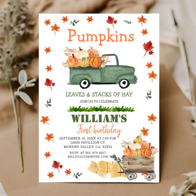 Pumpkin, Hay, Löv, Fall Birthday Grönt Lastbil Inbjudningar (Skapare uppladdad)
