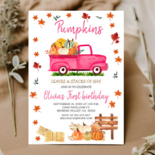 Pumpkin, Hay, Löv, Fall Birthday Rosa Lastbil Inbjudningar