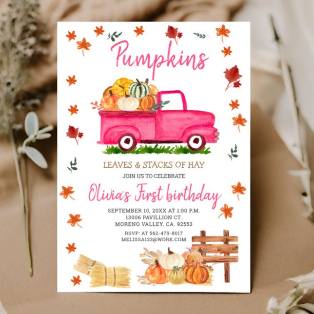 Pumpkin, Hay, Löv, Fall Birthday Rosa Lastbil Inbjudningar (Skapare uppladdad)