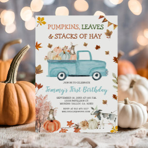Pumpkin, Hay, Löv, Fall Boy Birthday Blue Lastbil Inbjudningar