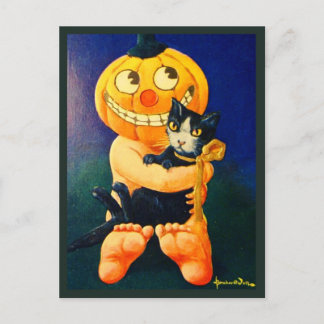 Pumpkin Head Boy Holding Cat - Vintage Halloween Helg Vykort