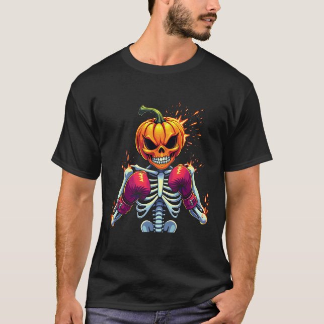 Pumpkin Head Skeleton Boxing Halloween Spoochy Fig T Shirt (Framsida)