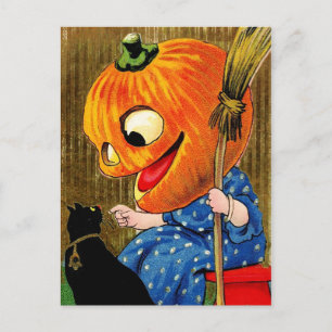Pumpkin-Head Witch and Black Cat Vykort