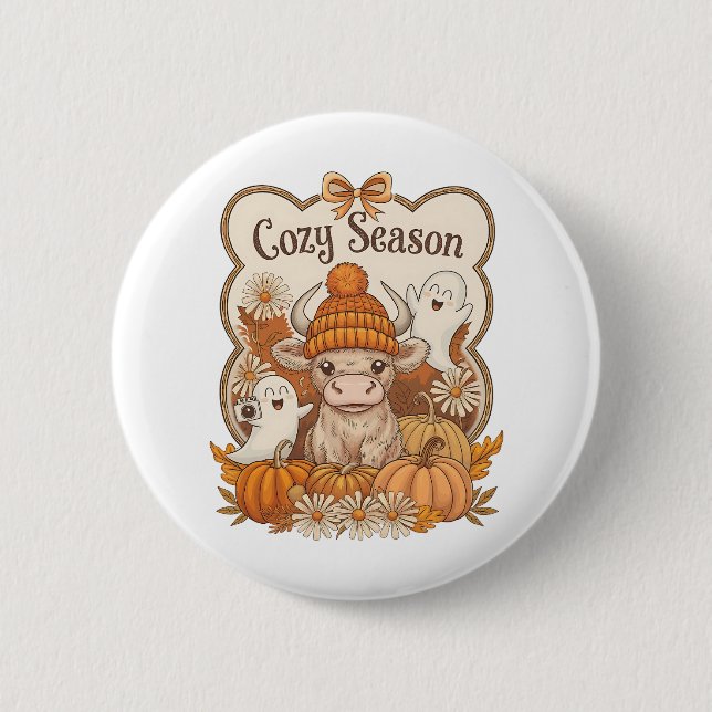 Pumpkin-Highland Cow Ghost Halloween Knapp (Framsida)