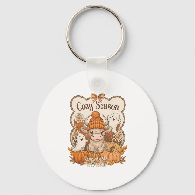 Pumpkin-Highland Cow Ghost Halloween Nyckelring (Framsida)