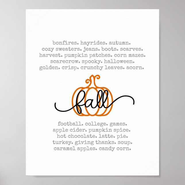 Pumpkin Höger för Cute Hej Fall Definition Ord Poster (Framsidan)