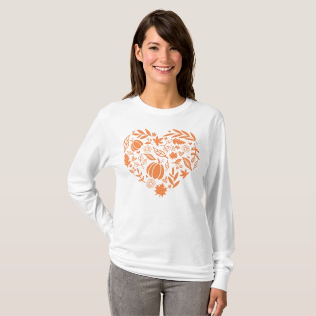 Pumpkin Höst löv Blommigt Heart Höst T Shirt (Hel framsida)