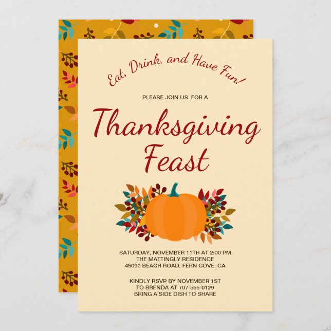 Pumpkin Höst löv Colorful Guld Thanksgiving Inbjudningar (Fram/baksida)