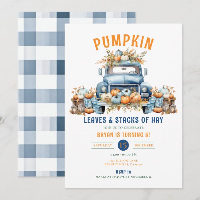 Pumpkin Höst löv och stackar av höna 5:e födelseda Inbjudningar (Fram/baksida)