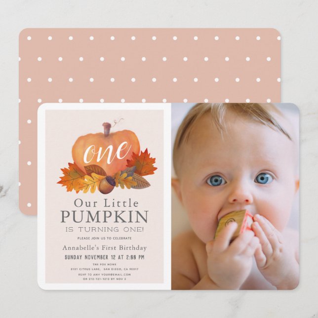 Pumpkin Höst löv Rosa Girl Photo 1st Birthday Inbjudningar (Fram/baksida)