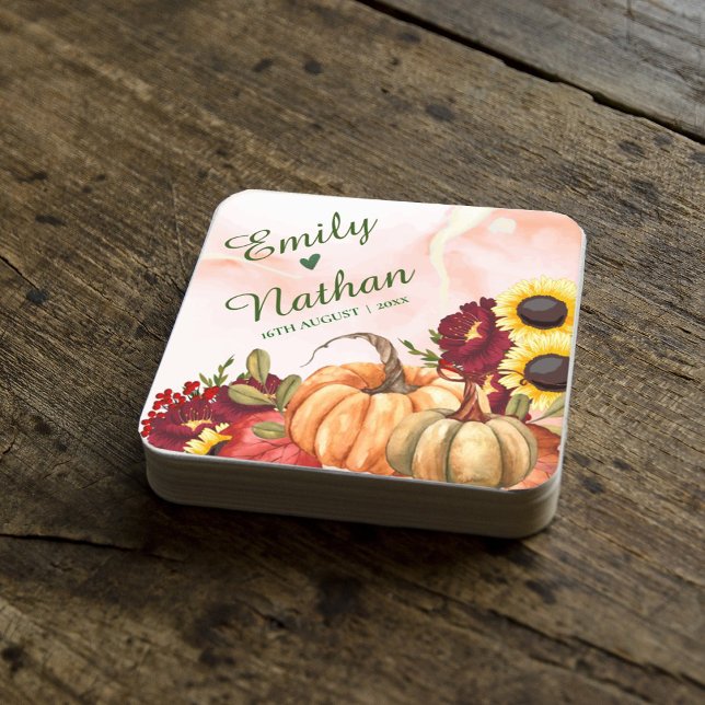 Pumpkin Höst löv Solros Fall Wedding Party Underlägg Papper Kvadrat (Pumpkin Autumn Leaves Sunflower Fall Wedding Party Square Paper Coaster)